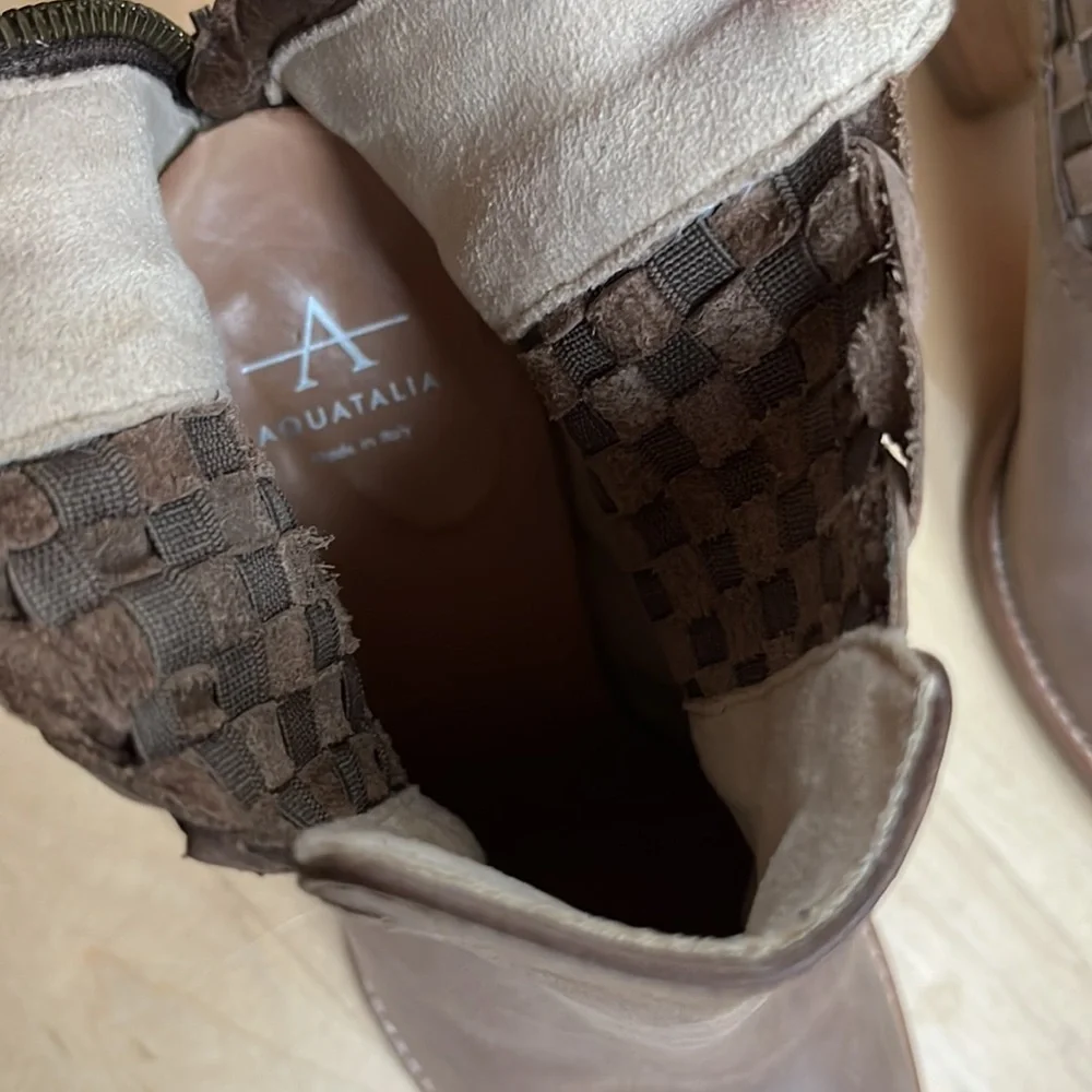 Aquatalia Basket-Weave Tan Leather Frannie Weatherproof Ankle Heeled Booties - Picture 12 of 15